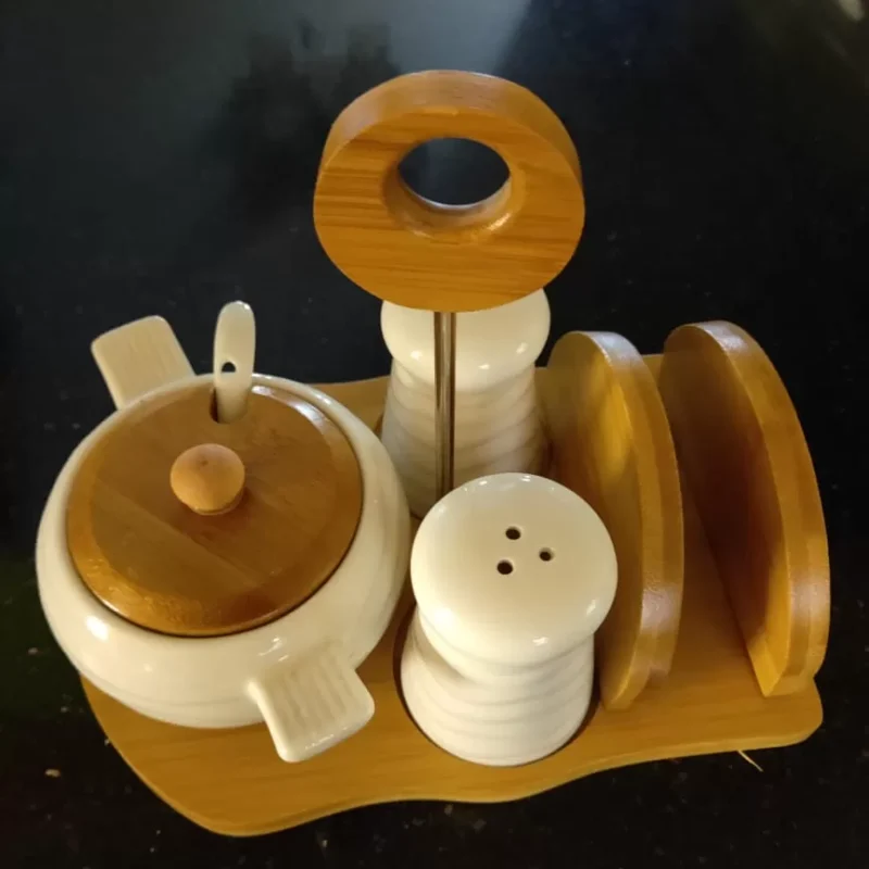 Bamboo Ceramic Sugar Pot Set